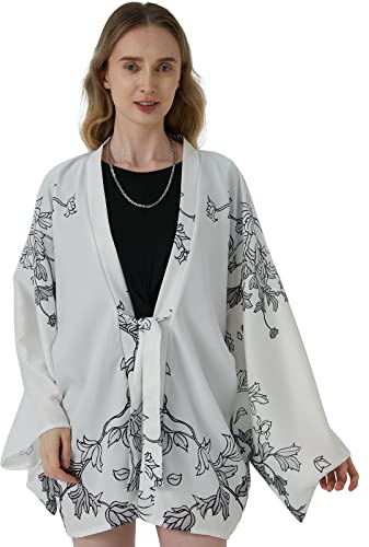 G-LIKE Japanischer Kimono Blumen Verzierung - Traditionelles Haori Federgewebe Kostüm Robe Überjacke Sonnenschutz Jacke Antiker Stil Nachthemd Bademantel Nachtwäsche für Damen Herren (Weiß)