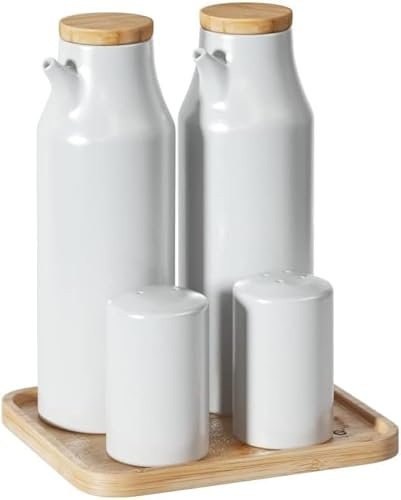 Juego de Aceitera, Vinagrera, Salero y Pimentero Porcelana Blanca con Bandeja Bambu