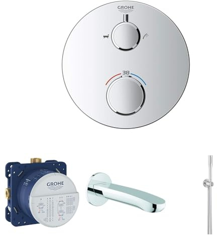 GROHE Bath Concealed Installation Set with Spout, Hand Shower Set and Round Thermostatic Mixer, Chrome