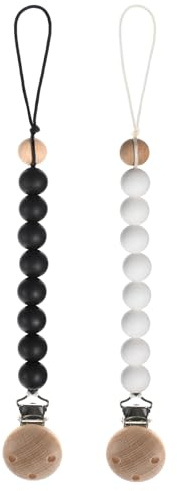 Dirbabi Silicone Pacifier Clips for Baby, Paci Holders Binky Clips, 2 Pack (White+Black)