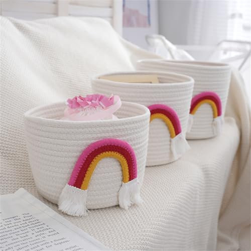 Ueiwffzo Wäschekorb Geflochten, 3er Set Aufbewahrungskorb, Spielzeug Korb, Korb Kinderzimmer, langlebig, Mehrzweck Organizer, Geeignet für Haushalte, Spielzeug und Wäsche (Regenbogen)