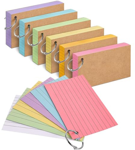 300PCS Colored Index Cards with Ring, Punched Lined Flashcards Ruled Index Cards Notecards Study Cards Heavy Note Cards for Studying, Learning, School, College, Memory