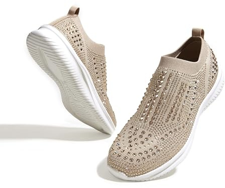 LUCKY STEP Damen-Laufschuhe mit Strass-Mesh zum Hineinschlüpfen, Modisch, Atmungsaktiv, Funkelnde Glitzer-Sneaker (Beige, 8.5US-39EU-6UK)