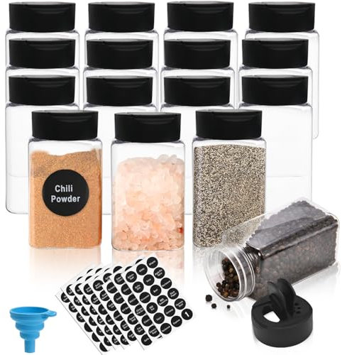 LOSYHU 16 Pack Plastic Spice Jars Bottles with Lid, 8.8oz(250ml) Plastic Seasoning Bottle Spice Storage Containers Clear Seasoning Jars Containers Square Spice Bottles for Spice Herbs Powders Storage