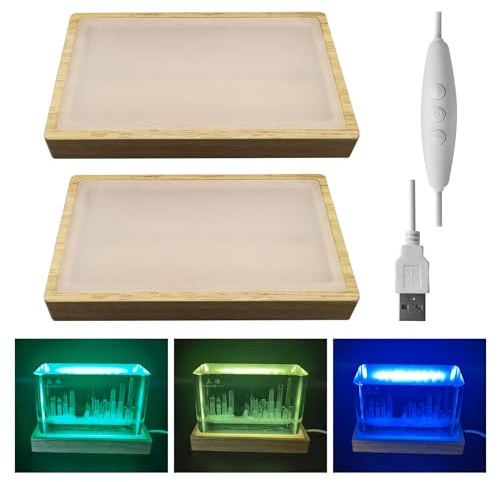 Brightness Adjustable Crystal Light Display Base for Art Glass, 3-Color Dimmable Nightlight Wooden Stand, Rectangle LED Light Base for 3D Crystal Glass Art Light (Multicolored,2pcs)