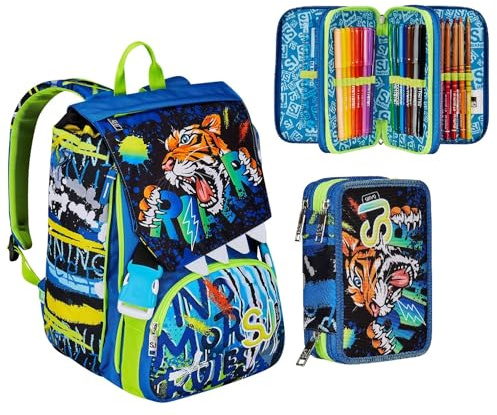 Seven Zaino Scuola SJ GANG CUCCIOLI, Blu PATTINE CALAMITATE CON GRAFICHE DIVERSE Scuola Elementare + Astuccio Triplo Scomparto Blu Bambino