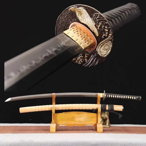 102 cm mit Massivholzscheide,echtes Katana,brennende Klinge aus T10-Stahl + Geschnitzte Handschützer reinem Kupfer,handgefertigtes Samurai-Schwert,Kendo Bushido für Cosplay,Dekoration,tolles Geschenk