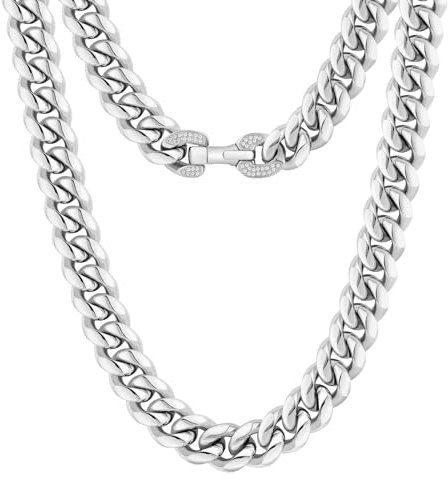 KRKC&CO 12mm Herren Panzerkette mit Iced Out Verschluss, Weißgold plattiert Cuban Link Chain, Edelstahl Miami Kubanische Gliederkette Silberkette, Hip Hop Kette für Männer Jungen [Größe 45,7cm]