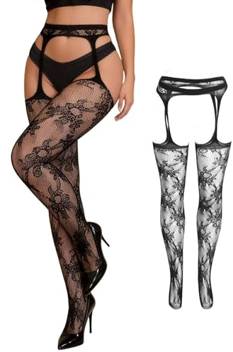 comeondear Collant Ouvert Entrejambe Sexy Femme Érotique XXXL 5XL Grande Taille 40-120Kg Bas Pour Porte Jarretelle Collants Resille Noir Bas Rouge Hauts de Cuisse Lingerie(Noir,3XL-5XL)