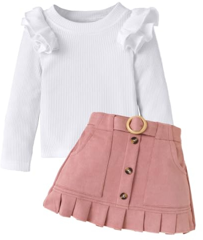 LUVCES Ensemble Bébé Fille Manches Longues en Tricot à Volants Tops + Elegante Mini-jupe 2 pièces Robe Globale Vêtements Tenues d 'Automne Hiver Blanc + Rose 2-3 Ans