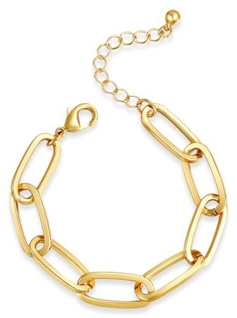 LANE WOODS Gold Bracelets for Women 14k Gold Plated Paperclip Bracelet Thick Large Link Chain for Women