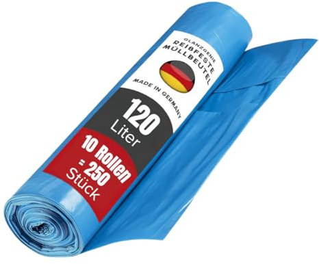 Glanzgenie 250 Stück reißfeste Müllsäcke 120 L, 42 μm | Typ 70 | 10 Rollen à 25 Stück| XXL Abfallbeutel - 700x1100mm | LPDE, blau | praktische Abfallsäcke leichte bis mittlere Entsorgungsaufgaben