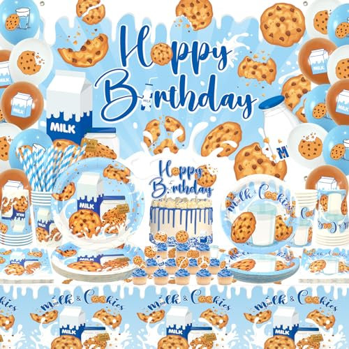 Milk and Cookies Birthday Party Decorations, Cookie Milk Party Supplies, Plates Cups Napkins Tablecloth Happy Birthday Backdrop Balloon Cake Toppers for Milk Baby Shower Decorations, Serves 20