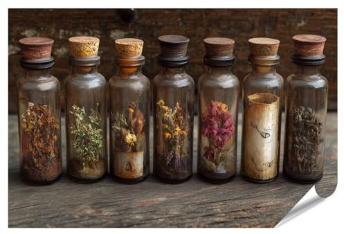 islandburner Prime Image Poster de bouteilles de pharmacie anciennes avec fleurs séchées et herbes pour la cuisine, les amoureux de la nature, les épiceries, impression photo de qualité supérieure