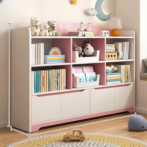 Großes Fassungsvermögen, rosa Bücherregal mit Eckregalen für Wohnzimmer, Schlafzimmer, Büro, abgerundete Ecken, Vitrine, kleine Stellfläche, Bücherregal (L3100)
