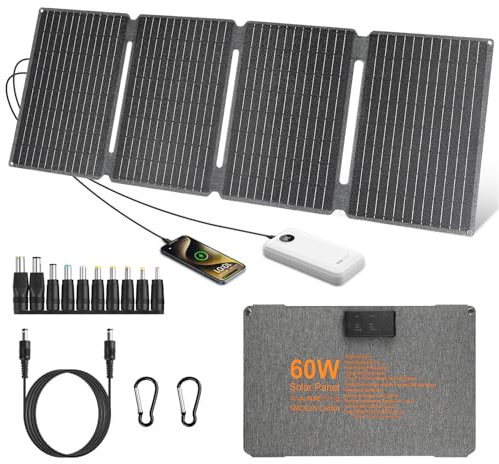 【60W Pannello Solare Portatile 18V Kit】60W Pannelli Solari Portatili ETFE IP67 Caricabatterie Solare DC+USB3.0+Type-C Caricatore Solare Campeggio per Accumulatore, Piccoli Generatori, Powerbank Solare