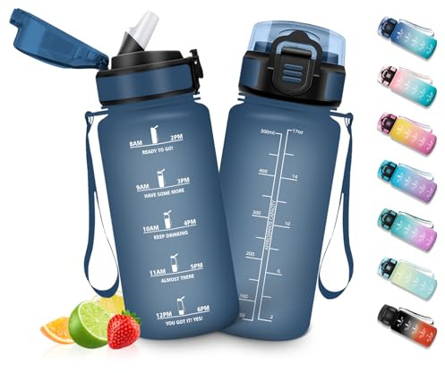 HoneyHolly Botellas de Agua para Niños 500ML, Botella Agua sin BPA con Marcador de Tiempo, Plastico Botella de Agua Deportiva Motivacional, con Pajita, Cantimplora para Colegio, Bicicleta