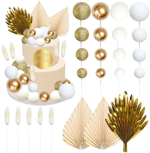 Ephlyn 33 Pack Balls Cake Toppers Boho Palm Leaves Cake Decorations Round Acrylic Happy Birthday Cupcake Toppers for Birthday Wedding Baby Shower Party Supplies Gold White