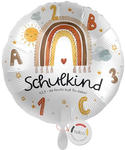 balloa Foil Balloon School Child for School Enrolment, Round Helium Balloon with Number Motif and Rainbow, Gift for Back to School for Girls or Boys, School Decoration for School Cone or Celebration