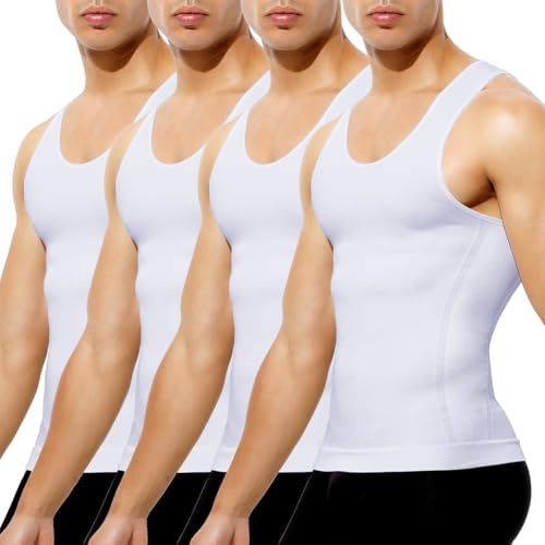 Casey Kevin Mens Compression Shirt Sleeveless Gynecomastia Tank Top Slimming Shapewear Undershirts Tummy Control Vest 4 Pack, White*4, Medium