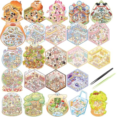 Meafeng 3D Sticker Scene, 24 Sets 3D House Stickers, Miniatur Haus Aufkleber mit 2 Pinzette, Fun DIY Stickers Scene, Relief Stress für Erwachsene und Kinder