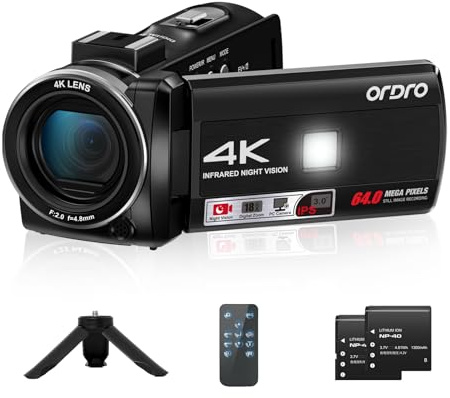 ORDRO Z36 Video Camera Camcorder 4K, 64MP Vlogging Camera for YouTube 18X Digital Zoom 3.0’’ Rotation Screen, IR Night Vision,Mini Tripod and 2 Batteries