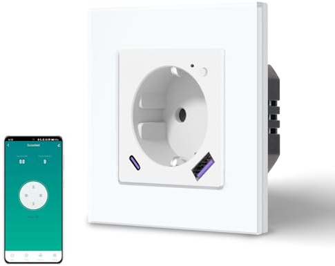 BSEED Enchufe Inteligente Con 20W USB y Tipo C,WIFI Enchufes de pared Con Medidor de Energía,Marco de Vidrio,1 Enchufe WiFi con 20W USB C,86mm Blanco