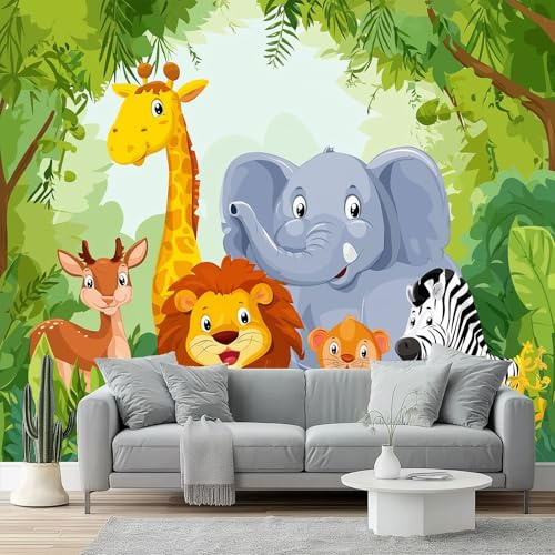 Fotomurales Animales de la selva de dibujos animados Papel Tapiz Moderno 300 x 210 cm Papel pintado tejido no tejido coración Pared corativos Sala Living Oficina Dormitorio Verde colorido