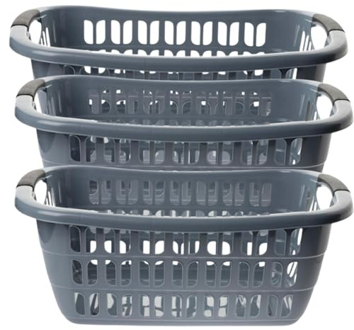 Set di 3 grandi vasche per la biancheria, grigio, 55 x 37 x 20 cm, 30 l, impilabili, in plastica, con manici ergonomici, per la casa e la lavanderia