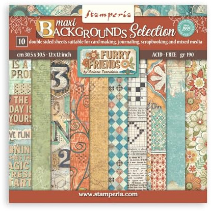 Stamperia - Scrapbook Paper Pad for Scrapbooking, Albums, Cards, Bullet Journals, and More, Acid Free, Double-Sided, Perfect for Crafts and Gifting (Furry Friends Background Selection) (30.5 x 30.5cm)