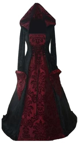 Generico Vestito Halloween Donna, Abito con Cappuccio Medievale Gotico, Vittoriano Rinascimento Costume, Retrò Maniche A Tromba Stile Vestito da Sera Carnevale Costumi