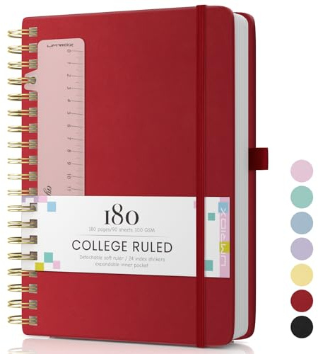 Umriox B5 Notebook,Journals for Women Lined,Wirebound Spiral Notebook 180 Pages for Writing,100gsm College-Ruled Paper, Pocket,Pen Loop, Ruler, Bookmark,19 x 25cm- Red