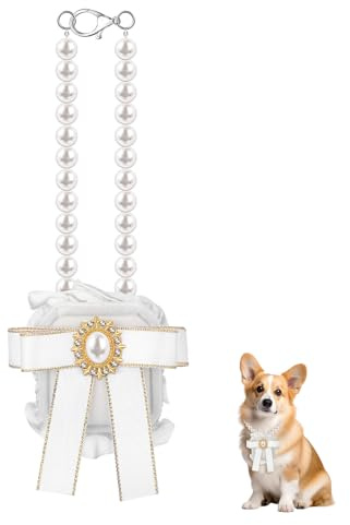 minkissy Hochwertige Hunde Ringbox Weiß mit Perlen Schleife Hochzeits Schmuck Aufbewahrungsbox für Eheringe Verlobungs Ringhalter für Hundehalsband Elegante Ringkästchen Geschenkbox