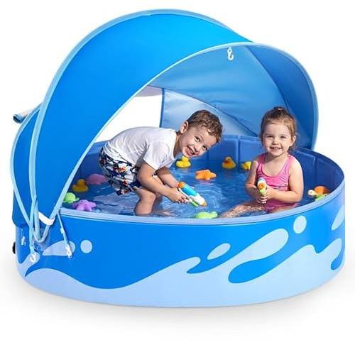 Peradix Paddling Pool for Kids and Dogs, 48 Portable Baby Pool with Canopy for Toddlers Summer, Foldable Kiddie Tent with Sun Shade Outside Water Toys for Backyard Beach, Easy Setup & Carrying Bag