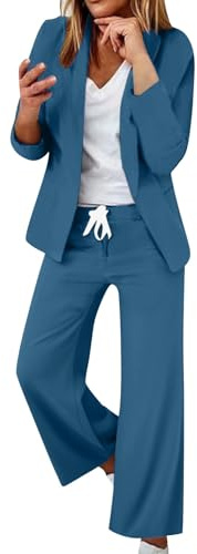 Smart casual kläder för kvinnor, blazer-set för kvinnor – enfärgad Business Co Ord set komfort långärmad kavajer elastisk midja byxor kontor arbete vardaglig outfit klassisk festbyxor kostym, BLÅ, L