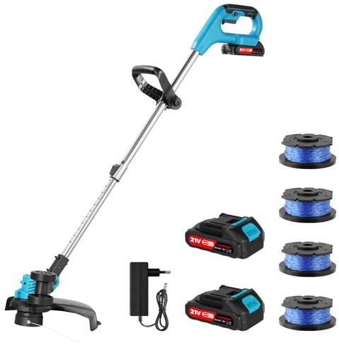Akku Rasentrimmer 21V, 2 IN 1 Rasenkantenschneider Automatik Fadennachführung, Motorkopf 60° drehbar & neigbar,mit 2 * 2,0Ah Akkus und Ladegerät, für Rasenschneiden Garten, Hof