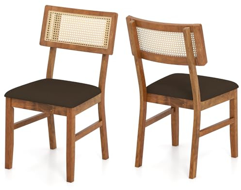 COSTWAY Esszimmerstühle Rattan 2er Set, Küchenstühle Holz, Esstisch Stühle mit gepolsterter Sitz, Holzstühle bis 180 kg belastbar, für Küche, Esszimmer