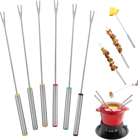 Lot de 6 fourchettes à fondue et barbecue, acier inoxydable 24 cm, multicolores avec embouts, pour hot pot, chocolat fromage, fruits desserts gâteaux, usage maison fêtes