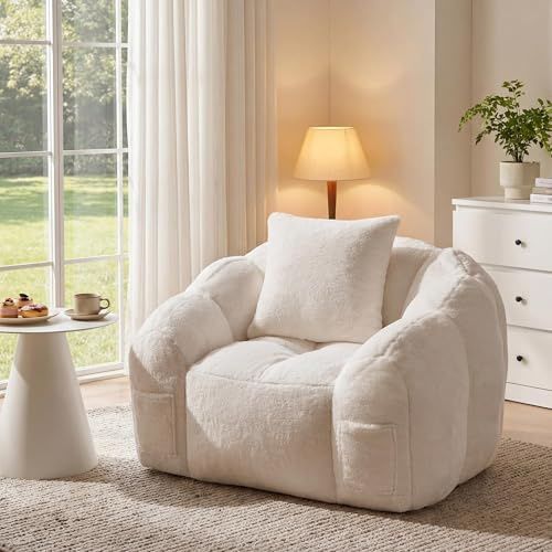 YINIX Sitzsack Erwachsene mit Füllung, Flauschiger Loungesessel aus Kunstfell, 115cm Bean Bag Sofa in Katzenpfoten-Optik mit Kissen & Seitentasche, Lesesessel Bodensofa Wohnzimmer, Weiß Beige