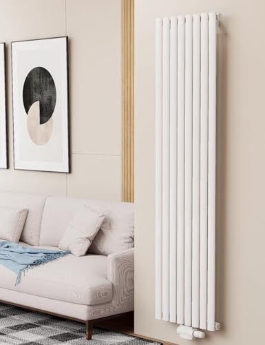 Solaria Ellipse Doppellagig Vertikal | Weiß 1800 * 472 | Designheizkörper aus Stahl mit Mittelanschluss, Wandheizkörper für schmale Wandflächen, Schnelle Wärmeverteilung