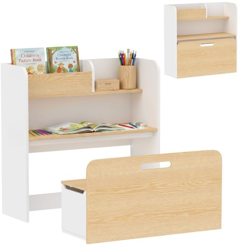 AIYAPLAY Bureau et Chaise pour Enfant 5 en 1 pour 3 à 8 Ans Blanc | Bibliothèque et Banc Coffre à Roulettes, Ensemble Table d'Activité pour Dessin, Lecture et Jeux dans Chambre ou Salle de Jeu