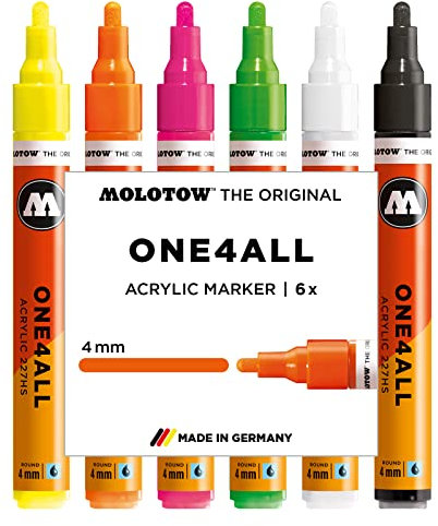 Molotow One4All 227HS Acryl Marker Neon-Set (4,0 mm Strichstärke, hochdeckend und permanent, UV-beständig, für fast alle Untergründe) 6 Stück sortiert
