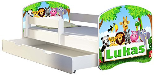 ACMA Kinderbett 140x70 Jugendbett mit Einer Schublade und Matratze, Rausfallschutz, Lattenrost Weiß, stabil, Kinderzimmer Bett, Jugendmöbel Design 01 Zoo Name
