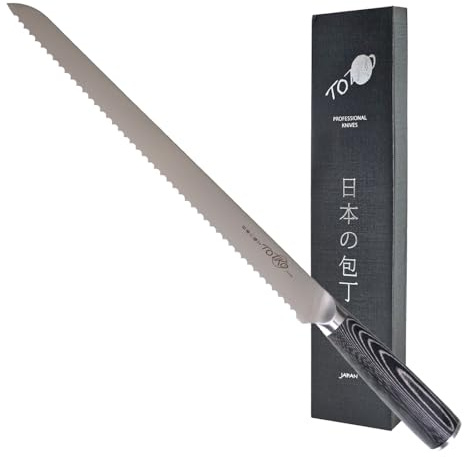 Totiko Cuchillo profesional de acero alemán, cuchillo de cocina profesional japonés para pan y repostería, hoja de 30 cm, cuchillo de pan y mango de Pakkawood Color Madera Japan Knives