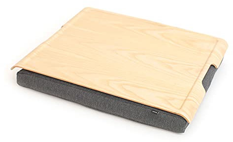 Bosign. Knietablett Laptray mit Sitzsack-Kissen für Laptop, Frühstück. Rutschfestes Tablett. Abnehmbarer und waschbarer Kissenbezug. Natürliches Eschenholz. Graues Kissen. Large - 46x38x6,5 cm