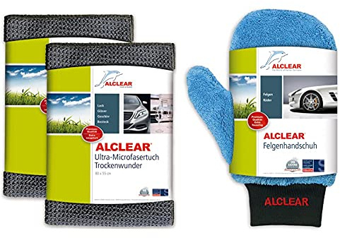 ALCLEAR Auto Microfasertuch Trockenwunder für Autopflege, 2er Set, 80x55 cm grau & Microfaser Auto Alu Felgen Reiniger-Handschuh für Autopflege Motorrad Fahrrad, 26x12 cm