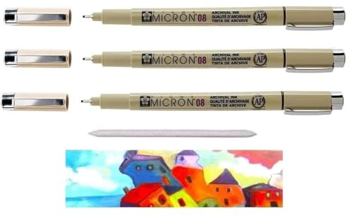 Sakura Pigma Micron Schwarz 08. Set mit 3 Stück + 1 CARTE UND ESTOMPE