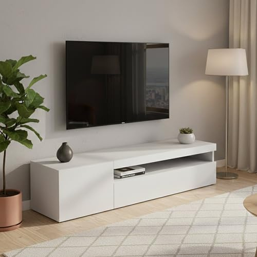 Dmora - Meuble TV Roberto, Buffet bas de salon avec 2 portes, Base pour meuble TV, 100% Made in Italy, 150x40h37 cm, Blanc brillant, avec lumière LED