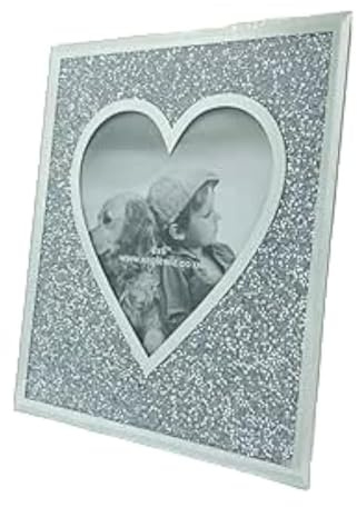 EagleWiz Silver Glitter Heart Crushed Diamond Jewel Crystal Mirror Glass Diamante Picture Frame Wedding Photo Frame 6 x 8
