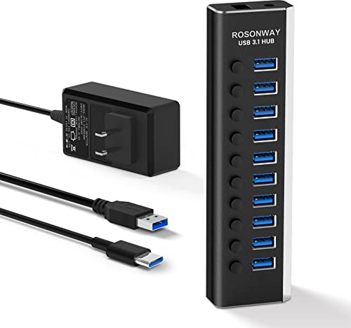 Rosonway - Hub USB alimentado, 10 puertos USB 3.1/3.2 Gen 2, 10 Gbps con adaptador de corriente de 36 W (12 V/3 A), cables tipo A y tipo C, divisor de concentrador USB C de aluminio para PC y portátil